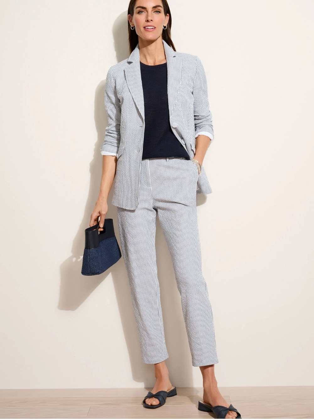 212 Collection Women's White and Light Blue Pinstripe Blazer ~ size 6